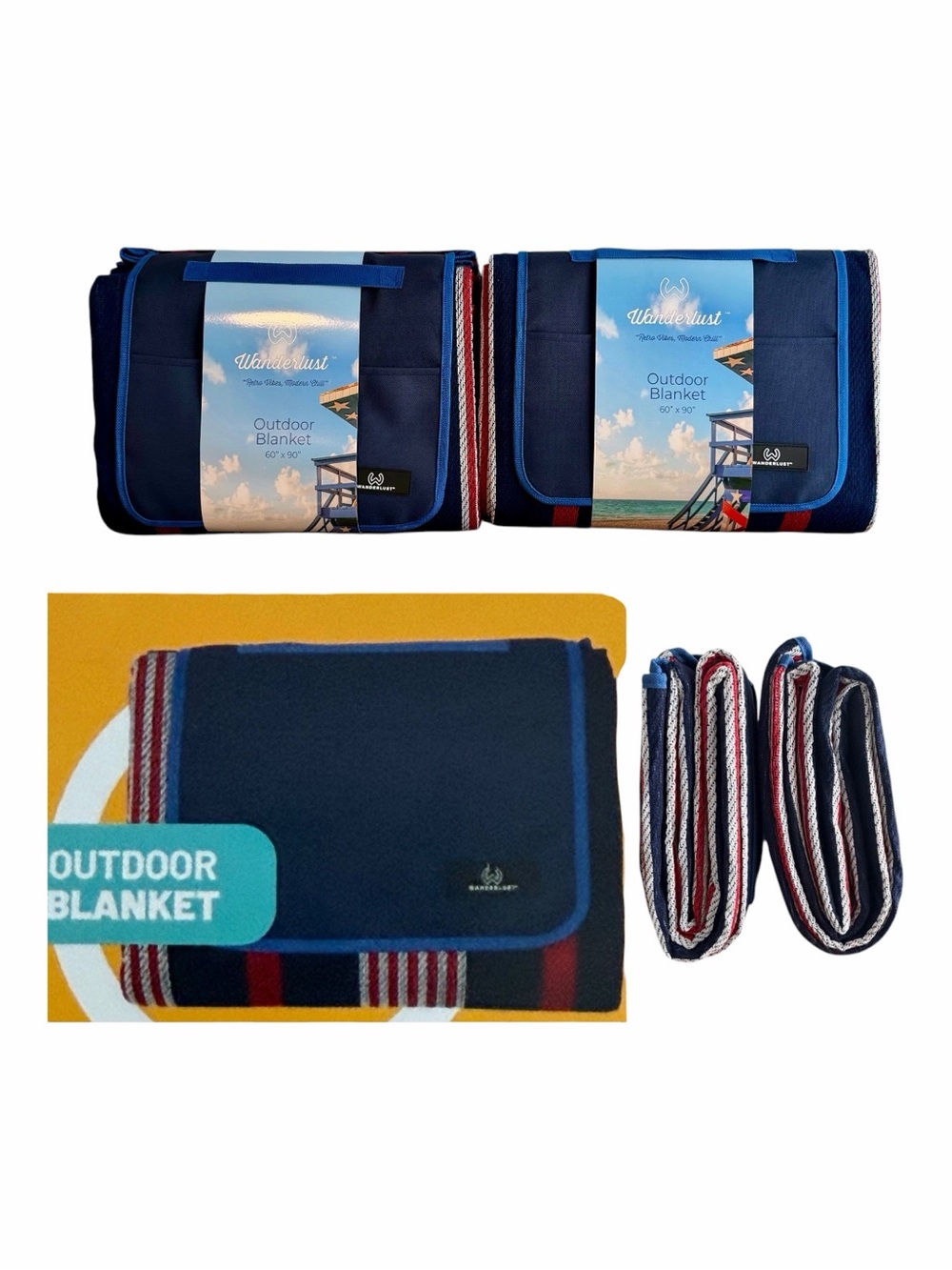 NWT! Lot of (2) WANDERLUST Red, White & Blue Striped Outdoor Blankets. 60" x 90"